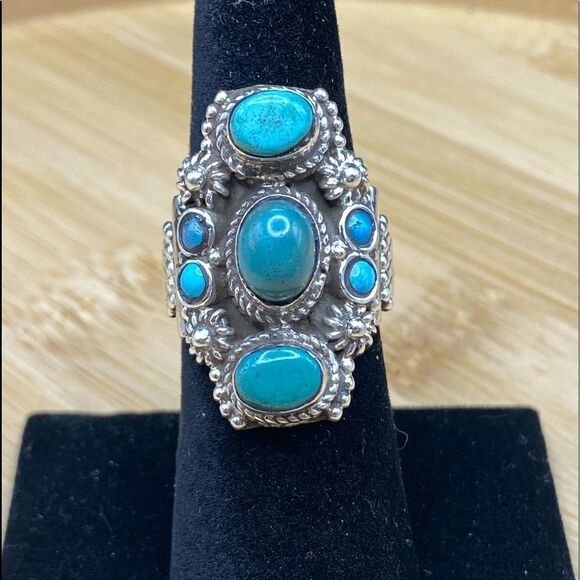 925 silver 7 stone turquoise ring w/3 oval stones approx 8x5mm and 4 round 3mm - Picture 1 of 7